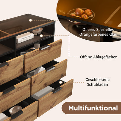 Commode / Buffet Moderne Chêne avec 6 Tiroirs et Surfaces Ouvertes, Plateau en Verre Trempé et Sécurité Anti-Basculement (120x40x80cm) STOKVANS