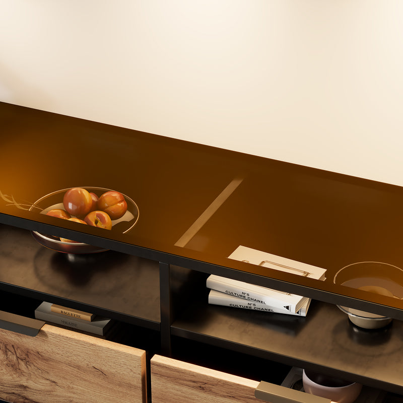Commode / Buffet Moderne Chêne avec 6 Tiroirs et Surfaces Ouvertes, Plateau en Verre Trempé et Sécurité Anti-Basculement (120x40x80cm) STOKVANS