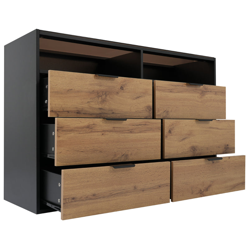 Commode / Buffet Moderne Chêne avec 6 Tiroirs et Surfaces Ouvertes, Plateau en Verre Trempé et Sécurité Anti-Basculement (120x40x80cm) STOKVANS