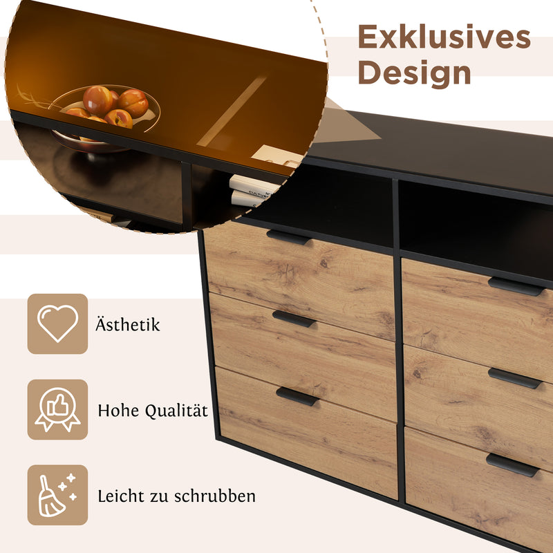 Commode / Buffet Moderne Chêne avec 6 Tiroirs et Surfaces Ouvertes, Plateau en Verre Trempé et Sécurité Anti-Basculement (120x40x80cm) STOKVANS
