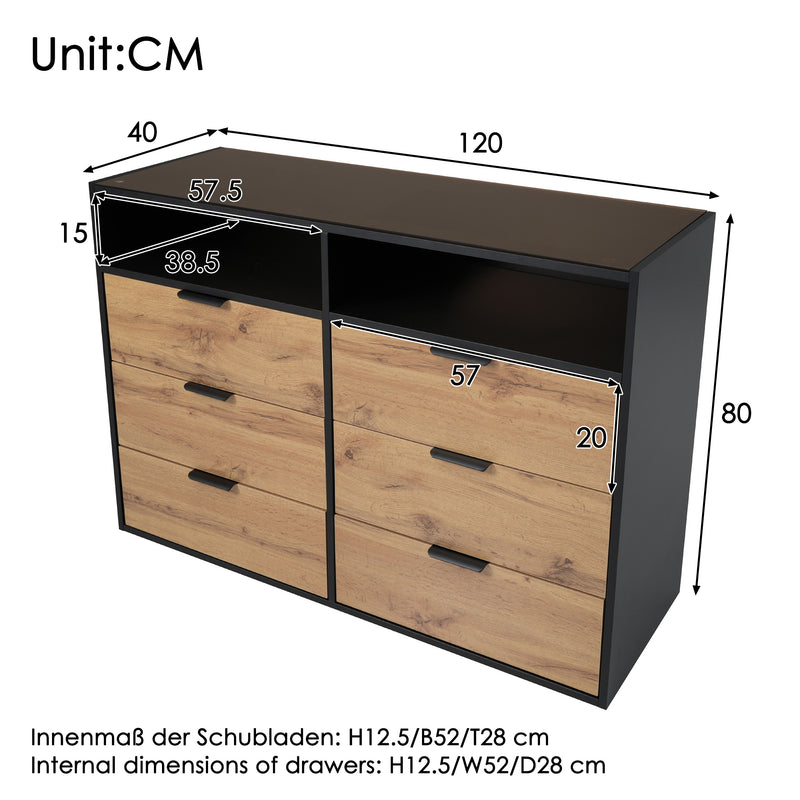 Commode / Buffet Moderne Chêne avec 6 Tiroirs et Surfaces Ouvertes, Plateau en Verre Trempé et Sécurité Anti-Basculement (120x40x80cm) STOKVANS