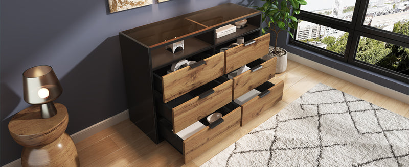 Commode / Buffet Moderne Chêne avec 6 Tiroirs et Surfaces Ouvertes, Plateau en Verre Trempé et Sécurité Anti-Basculement (120x40x80cm) STOKVANS