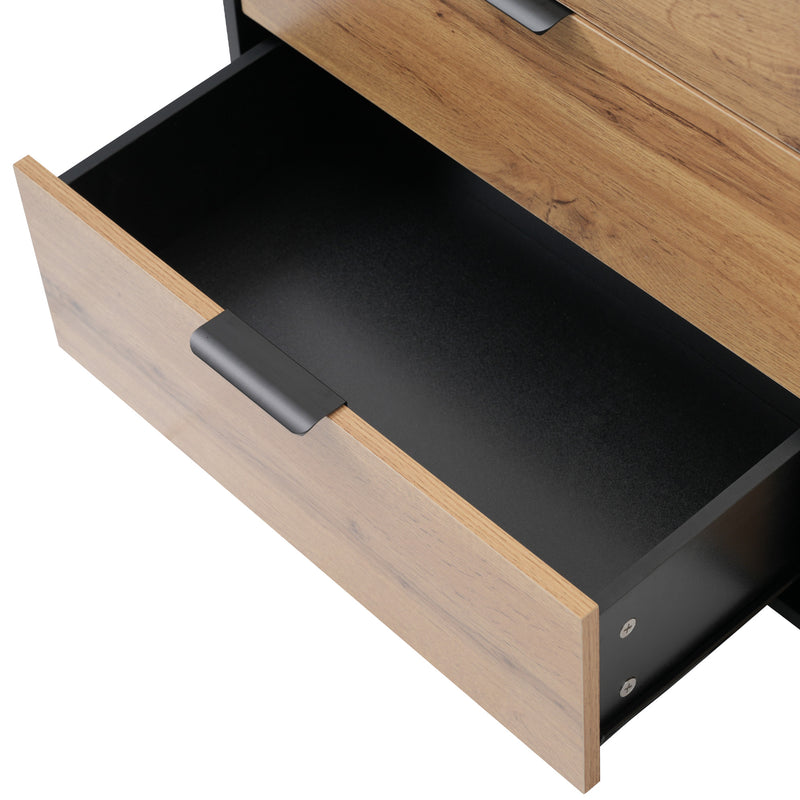 Commode / Buffet Moderne Chêne avec 6 Tiroirs et Surfaces Ouvertes, Plateau en Verre Trempé et Sécurité Anti-Basculement (120x40x80cm) STOKVANS