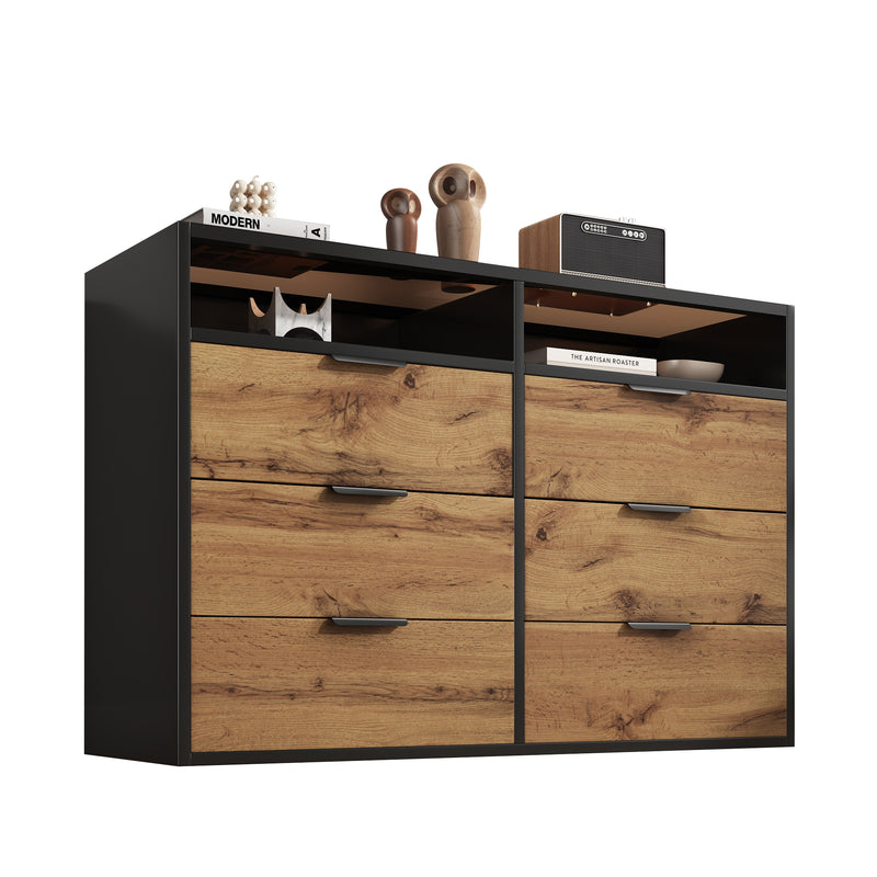 Commode / Buffet Moderne Chêne avec 6 Tiroirs et Surfaces Ouvertes, Plateau en Verre Trempé et Sécurité Anti-Basculement (120x40x80cm) STOKVANS