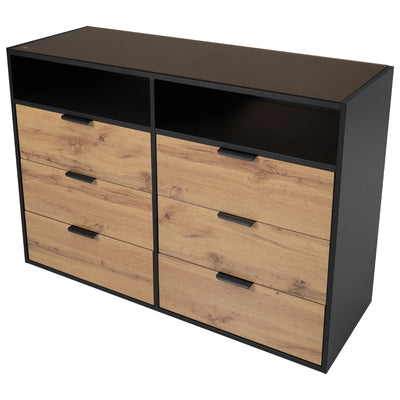 Commode / Buffet Moderne Chêne avec 6 Tiroirs et Surfaces Ouvertes, Plateau en Verre Trempé et Sécurité Anti-Basculement (120x40x80cm) STOKVANS