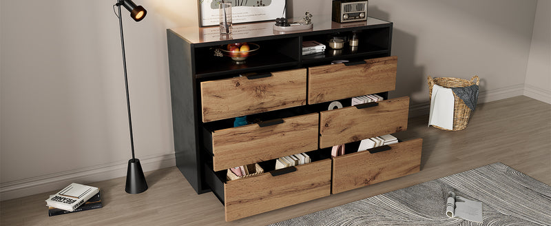 Commode / Buffet Moderne Chêne avec 6 Tiroirs et Surfaces Ouvertes, Plateau en Verre Trempé et Sécurité Anti-Basculement (120x40x80cm) STOKVANS