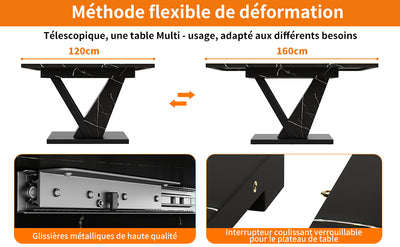 Table de Salle à Manger Extensible Noire Effet Marbre avec Piètement Métallique Renforcé (120-160cm) STRAKUL