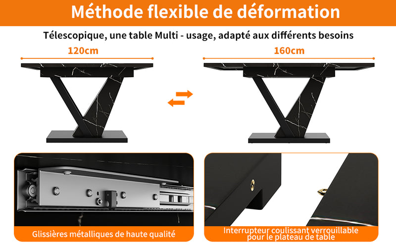 Table de Salle à Manger Extensible Noire Effet Marbre avec Piètement Métallique Renforcé (120-160cm) STRAKUL