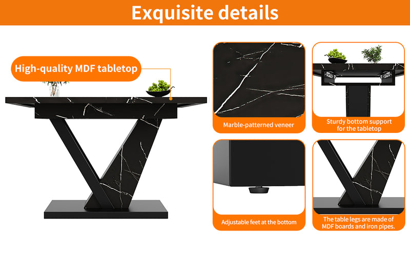 Table de Salle à Manger Extensible Noire Effet Marbre avec Piètement Métallique Renforcé (120-160cm) STRAKUL