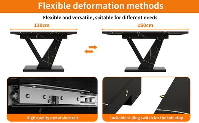 Table de Salle à Manger Extensible Noire Effet Marbre avec Piètement Métallique Renforcé (120-160cm) STRAKUL
