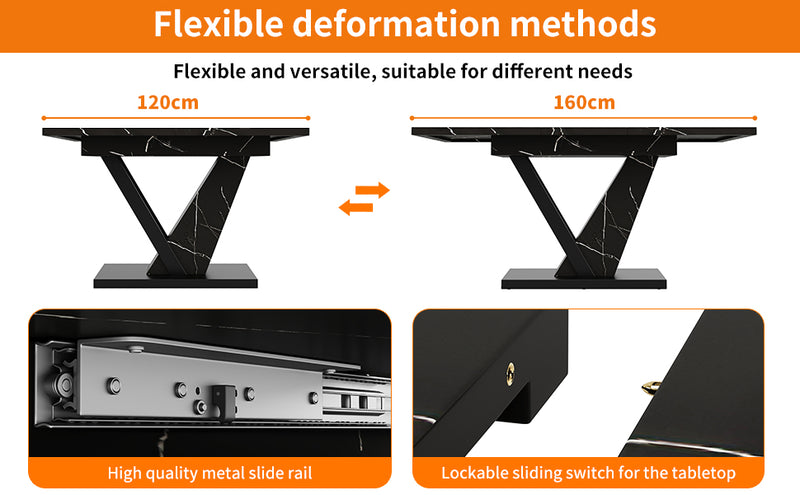 Table de Salle à Manger Extensible Noire Effet Marbre avec Piètement Métallique Renforcé (120-160cm) STRAKUL
