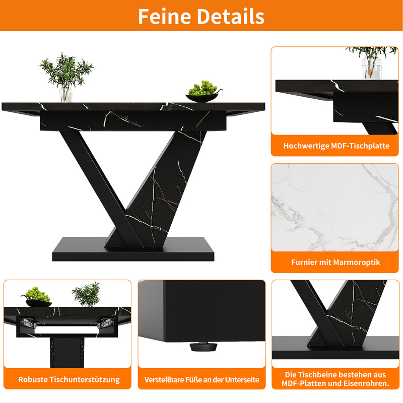 Table de Salle à Manger Extensible Noire Effet Marbre avec Piètement Métallique Renforcé (120-160cm) STRAKUL