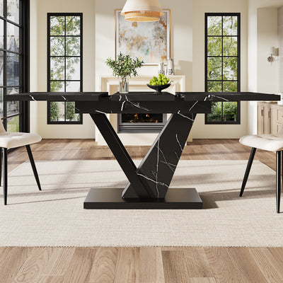 Table de Salle à Manger Extensible Noire Effet Marbre avec Piètement Métallique Renforcé (120-160cm) STRAKUL