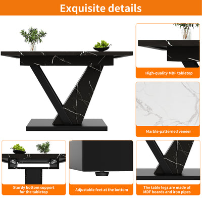 Table de Salle à Manger Extensible Noire Effet Marbre avec Piètement Métallique Renforcé (120-160cm) STRAKUL