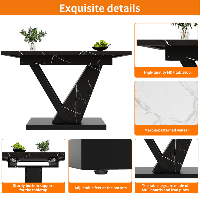 Table de Salle à Manger Extensible Noire Effet Marbre avec Piètement Métallique Renforcé (120-160cm) STRAKUL