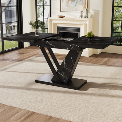 Table de Salle à Manger Extensible Noire Effet Marbre avec Piètement Métallique Renforcé (120-160cm) STRAKUL