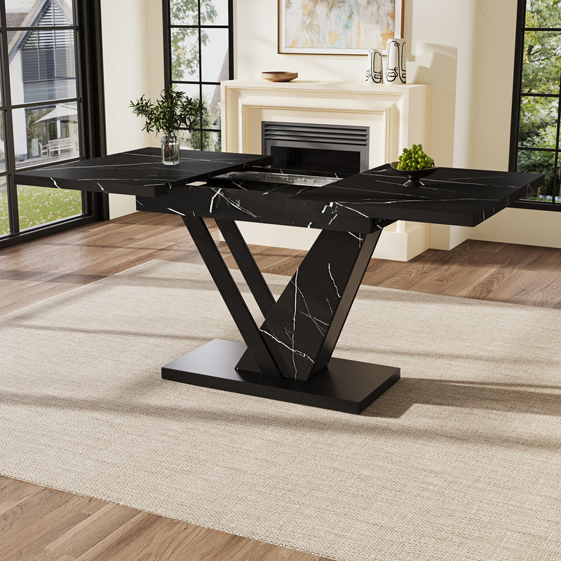 Table de Salle à Manger Extensible Noire Effet Marbre avec Piètement Métallique Renforcé (120-160cm) STRAKUL