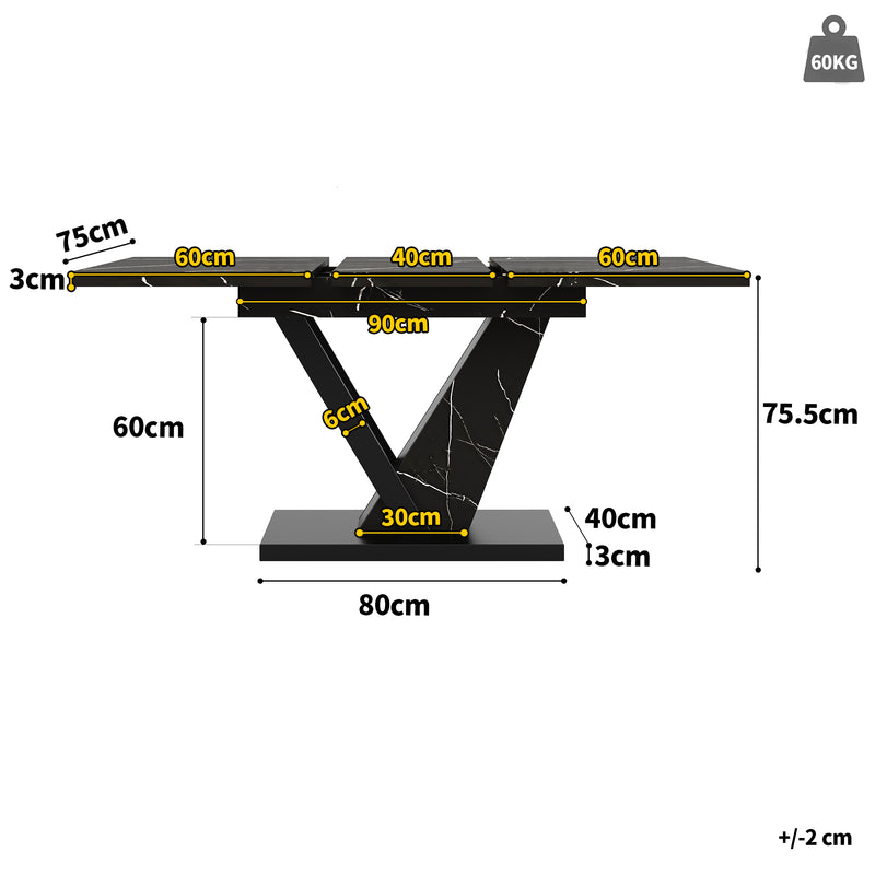 Table de Salle à Manger Extensible Noire Effet Marbre avec Piètement Métallique Renforcé (120-160cm) STRAKUL