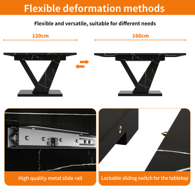 Table de Salle à Manger Extensible Noire Effet Marbre avec Piètement Métallique Renforcé (120-160cm) STRAKUL