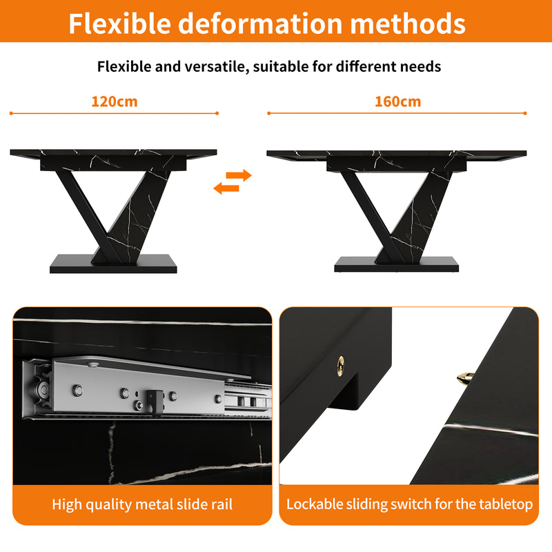 Table de Salle à Manger Extensible Noire Effet Marbre avec Piètement Métallique Renforcé (120-160cm) STRAKUL