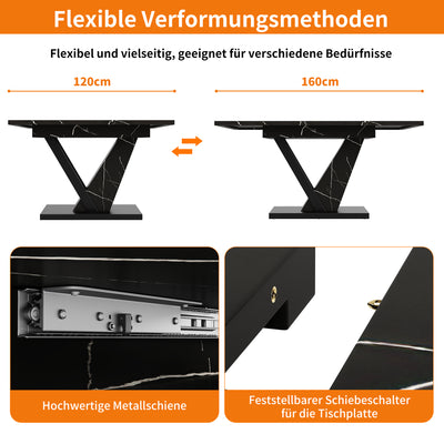 Table de Salle à Manger Extensible Noire Effet Marbre avec Piètement Métallique Renforcé (120-160cm) STRAKUL