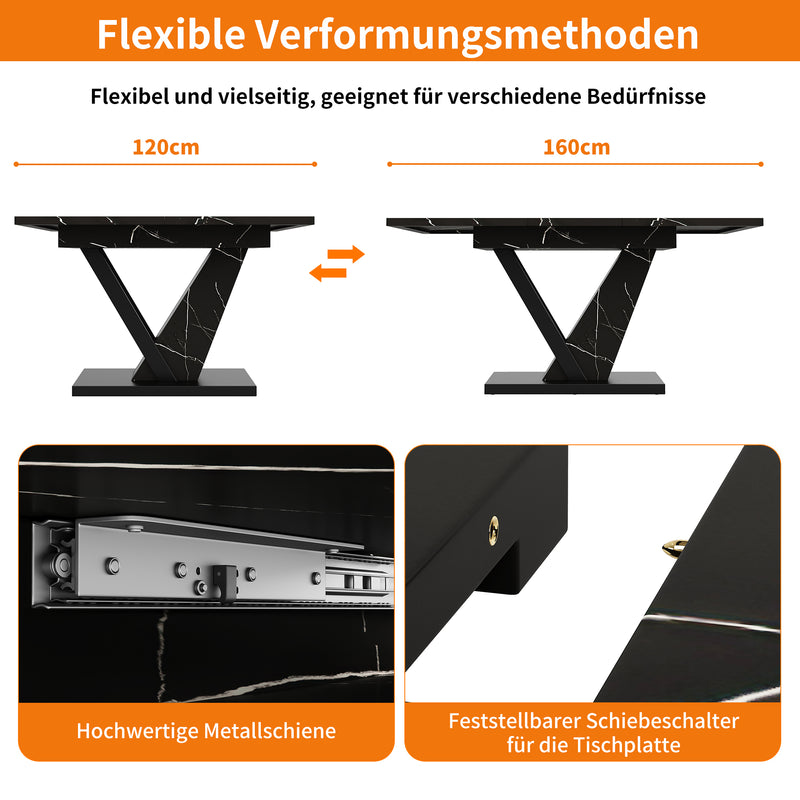 Table de Salle à Manger Extensible Noire Effet Marbre avec Piètement Métallique Renforcé (120-160cm) STRAKUL