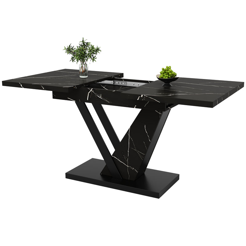 Table de Salle à Manger Extensible Noire Effet Marbre avec Piètement Métallique Renforcé (120-160cm) STRAKUL