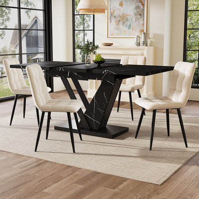 Table de Salle à Manger Extensible Noire Effet Marbre avec Piètement Métallique Renforcé (120-160cm) STRAKUL