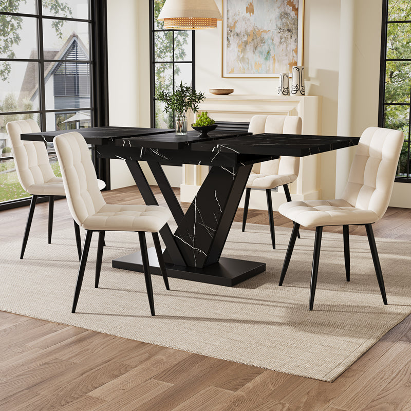 Table de Salle à Manger Extensible Noire Effet Marbre avec Piètement Métallique Renforcé (120-160cm) STRAKUL