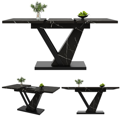Table de Salle à Manger Extensible Noire Effet Marbre avec Piètement Métallique Renforcé (120-160cm) STRAKUL