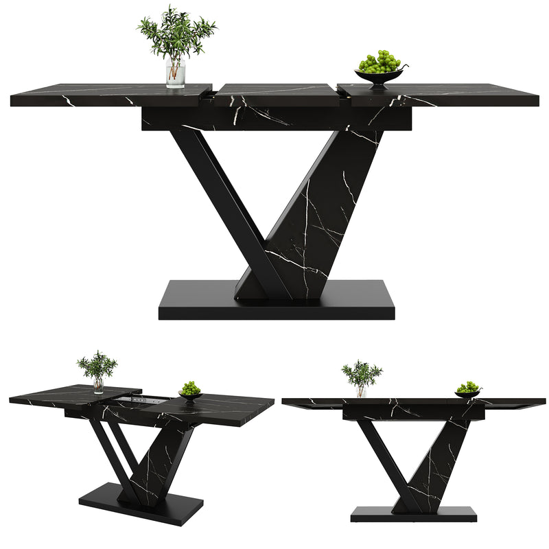 Table de Salle à Manger Extensible Noire Effet Marbre avec Piètement Métallique Renforcé (120-160cm) STRAKUL