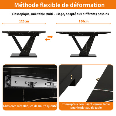 Table de Salle à Manger Extensible Noire Effet Marbre avec Piètement Métallique Renforcé (120-160cm) STRAKUL