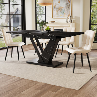 Table de Salle à Manger Extensible Noire Effet Marbre avec Piètement Métallique Renforcé (120-160cm) STRAKUL