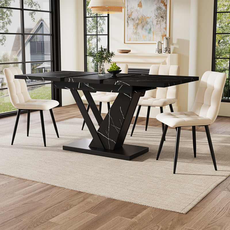 Table de Salle à Manger Extensible Noire Effet Marbre avec Piètement Métallique Renforcé (120-160cm) STRAKUL