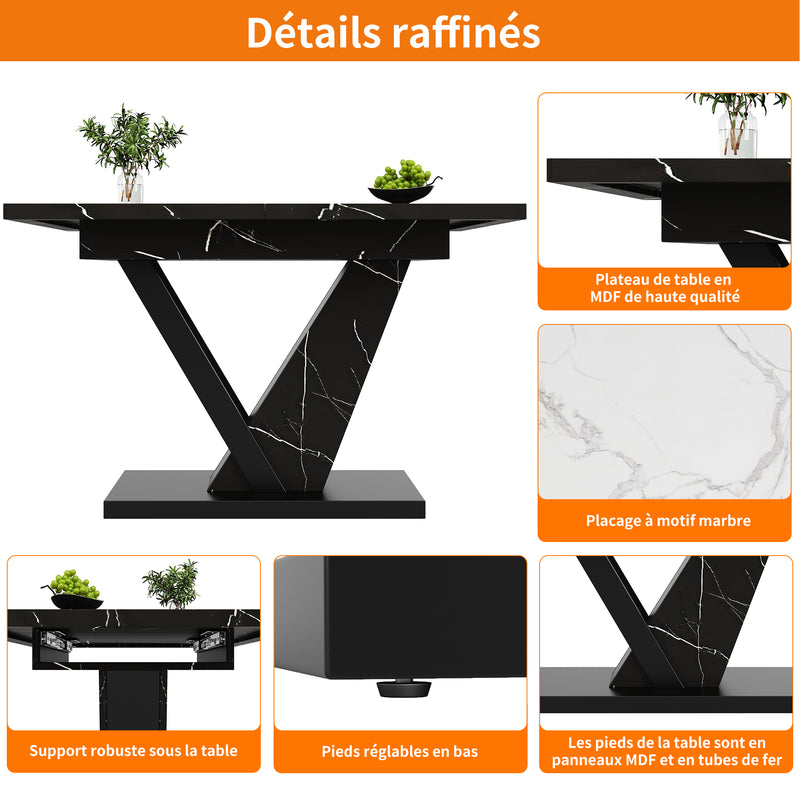 Table de Salle à Manger Extensible Noire Effet Marbre avec Piètement Métallique Renforcé (120-160cm) STRAKUL
