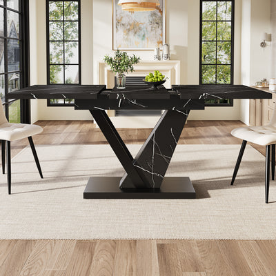Table de Salle à Manger Extensible Noire Effet Marbre avec Piètement Métallique Renforcé (120-160cm) STRAKUL