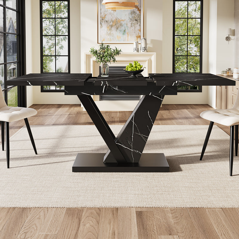 Table de Salle à Manger Extensible Noire Effet Marbre avec Piètement Métallique Renforcé (120-160cm) STRAKUL