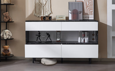 Buffet Design Marbre Noir et Blanc avec 4 Tiroirs, Rangement Ouvert Illuminé par LED et Pieds Métalliques Robustes STRUD
