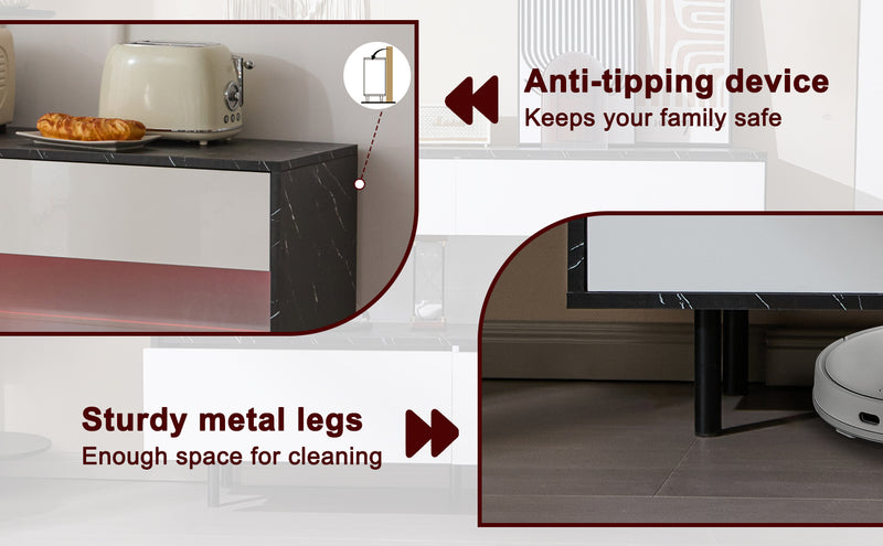 Buffet Design Marbre Noir et Blanc avec 4 Tiroirs, Rangement Ouvert Illuminé par LED et Pieds Métalliques Robustes STRUD