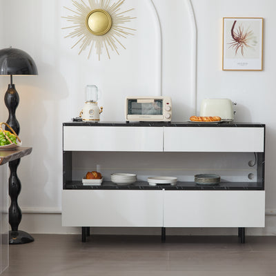 Buffet Design Marbre Noir et Blanc avec 4 Tiroirs, Rangement Ouvert Illuminé par LED et Pieds Métalliques Robustes STRUD