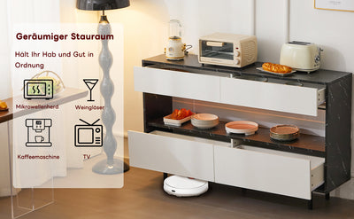 Buffet Design Marbre Noir et Blanc avec 4 Tiroirs, Rangement Ouvert Illuminé par LED et Pieds Métalliques Robustes STRUD