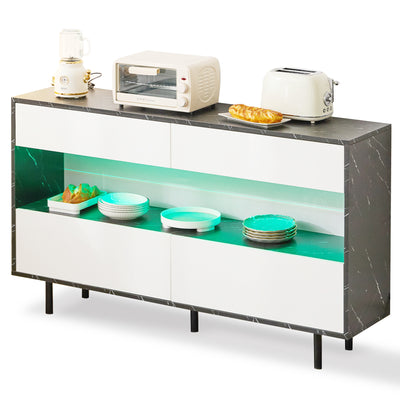 Buffet Design Marbre Noir et Blanc avec 4 Tiroirs, Rangement Ouvert Illuminé par LED et Pieds Métalliques Robustes STRUD