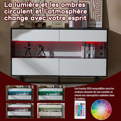 Buffet Design Marbre Noir et Blanc avec 4 Tiroirs, Rangement Ouvert Illuminé par LED et Pieds Métalliques Robustes STRUD