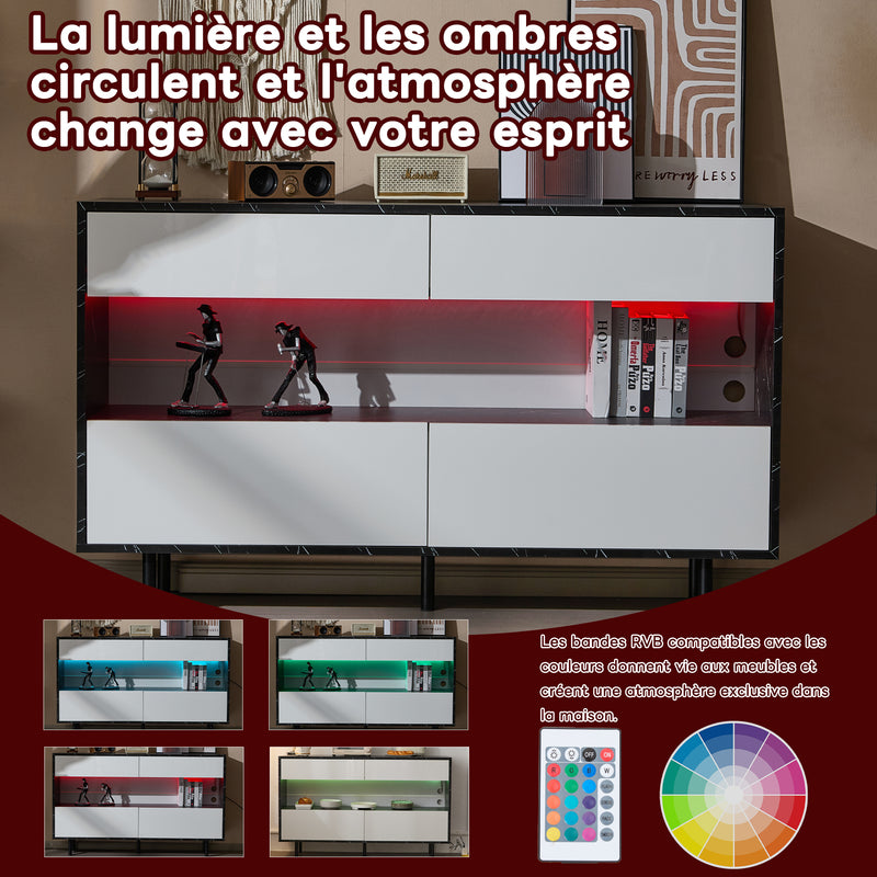 Buffet Design Marbre Noir et Blanc avec 4 Tiroirs, Rangement Ouvert Illuminé par LED et Pieds Métalliques Robustes STRUD