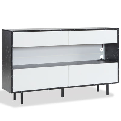 Buffet Design Marbre Noir et Blanc avec 4 Tiroirs, Rangement Ouvert Illuminé par LED et Pieds Métalliques Robustes STRUD