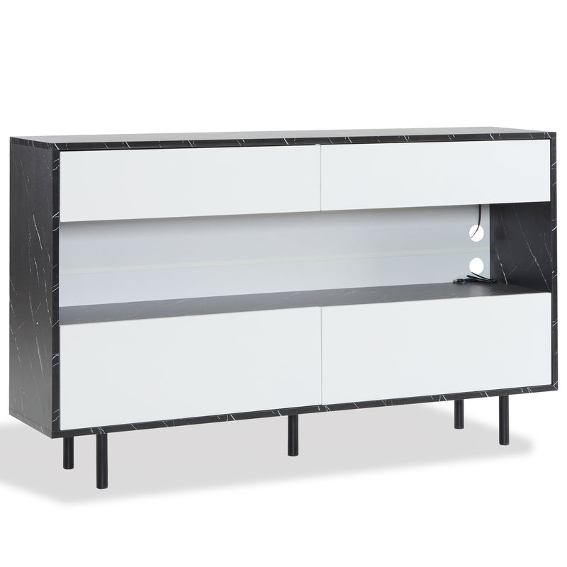Buffet Design Marbre Noir et Blanc avec 4 Tiroirs, Rangement Ouvert Illuminé par LED et Pieds Métalliques Robustes STRUD