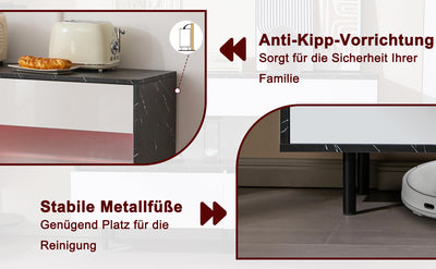 Buffet Design Marbre Noir et Blanc avec 4 Tiroirs, Rangement Ouvert Illuminé par LED et Pieds Métalliques Robustes STRUD