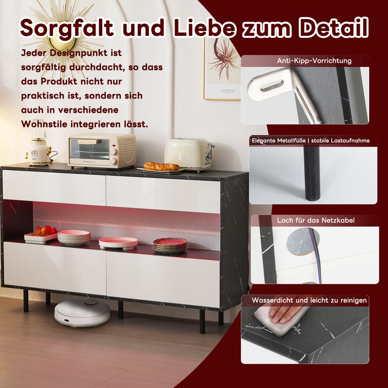 Buffet Design Marbre Noir et Blanc avec 4 Tiroirs, Rangement Ouvert Illuminé par LED et Pieds Métalliques Robustes STRUD