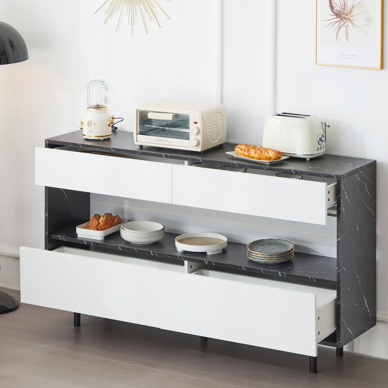 Buffet Design Marbre Noir et Blanc avec 4 Tiroirs, Rangement Ouvert Illuminé par LED et Pieds Métalliques Robustes STRUD