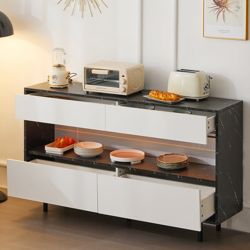 Buffet Design Marbre Noir et Blanc avec 4 Tiroirs, Rangement Ouvert Illuminé par LED et Pieds Métalliques Robustes STRUD